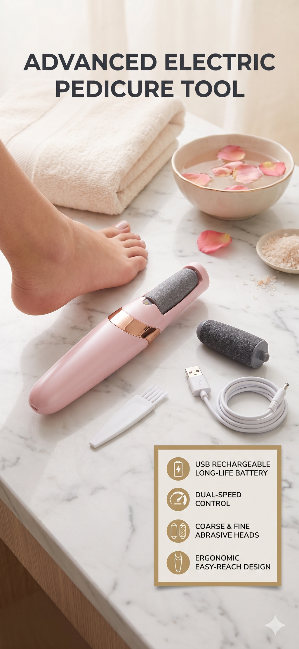 Advanced electric pedicure tool on a marble surface with a foot and bowl of water in the background.