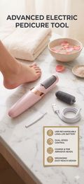 Advanced electric pedicure tool on a marble surface with a foot and bowl of water in the background.