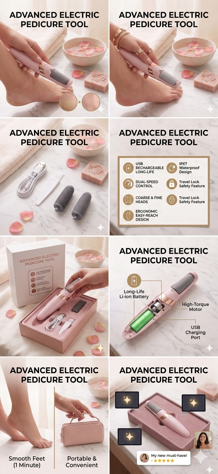 Collage of an advanced electric pedicure tool with close-up shots and features listed.