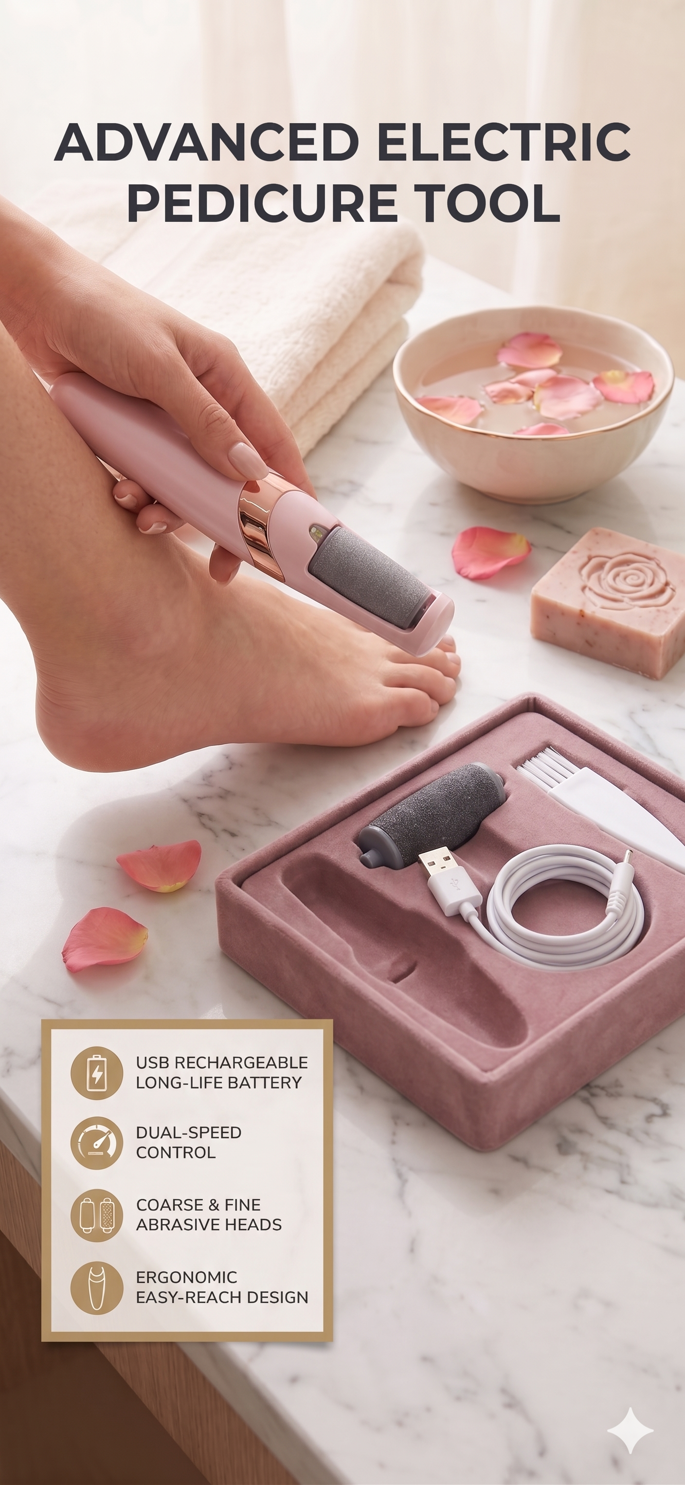Advanced electric pedicure tool with USB rechargeable feature on a marble surface.