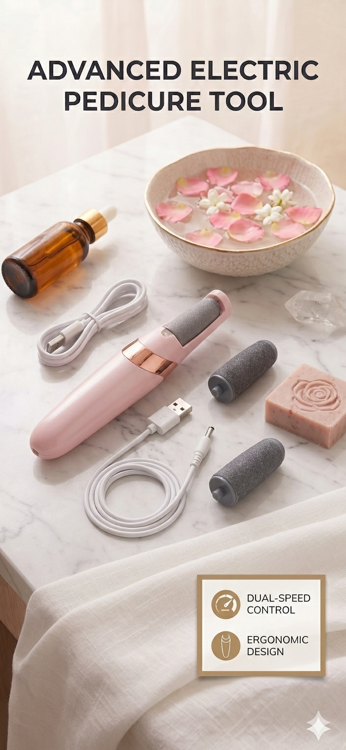 Advanced electric pedicure tool set on a table with a bowl of water and flowers.