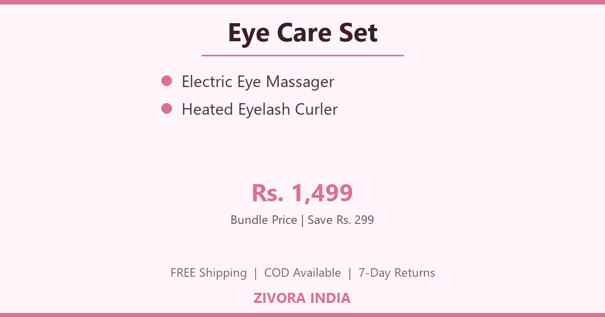 Promotional graphic for an Eye Care Set by Zivora India, featuring an electric eye massager and heated eyelash curler, with a bundle price of Rs. 1,499 on a pale pink background.