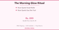Promotional graphic for a 'The Morning Glow Ritual' bundle by Zivora India, featuring a Rose Quartz Facial Roller and Rose Quartz Gua Sha Tool, with a bundle price of Rs. 899 on a pale pink background.