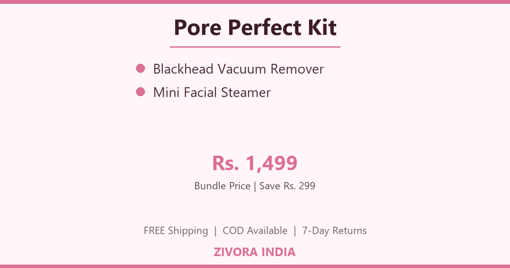 Promotional graphic for the Zivora India Pore Perfect Kit, featuring a blackhead vacuum remover and mini facial steamer bundle priced at Rs. 1,499 on a pale pink background.