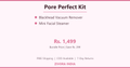 Promotional graphic for the Zivora India Pore Perfect Kit, featuring a blackhead vacuum remover and mini facial steamer bundle priced at Rs. 1,499 on a pale pink background.